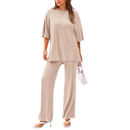 2 Piece Summer Lounge Set With Short Sleeve Top And Pants For Women