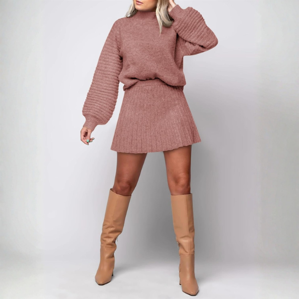 2 Piece Ribbed Knit Puff Sleeve Sweater Top And Mini Skirt Outfit Set