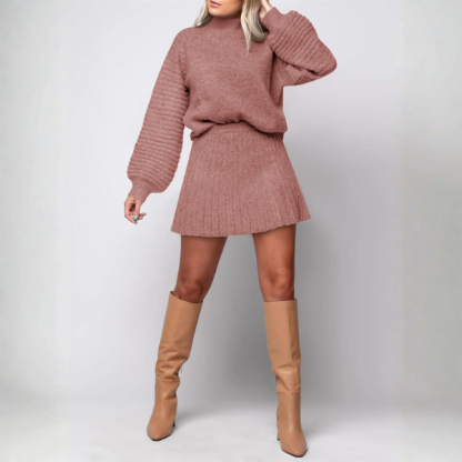 2 Piece Ribbed Knit Puff Sleeve Sweater Top And Mini Skirt Outfit Set