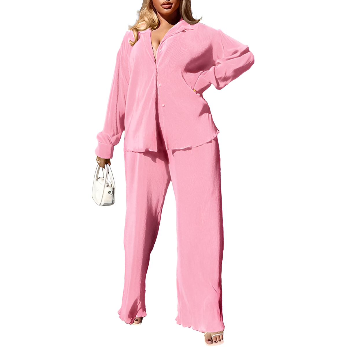 2 Piece Button Down Shirt And Pleated Pants Set For Women