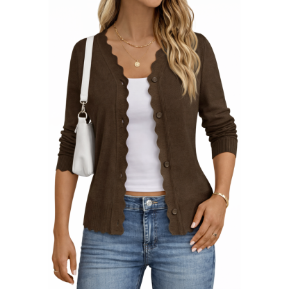 Lightweight Button Down Knit Cardigan With Scallop Trim