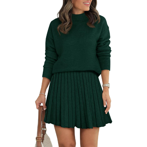 Women's Two Piece Outfits Turtleneck Long Sleeve Ribbed Knit Tops Pleated Mini Skirt 2026 Casual Sweater Sets