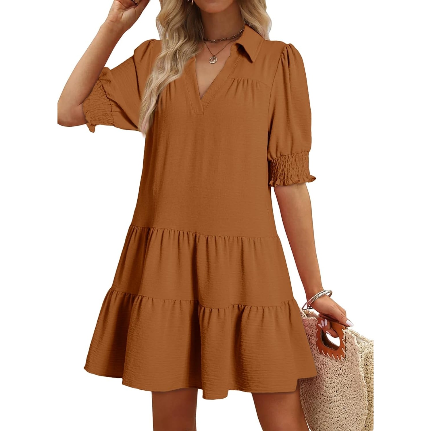 Casual Pleated Summer Lapel Collared Mid Sleeved Dress
