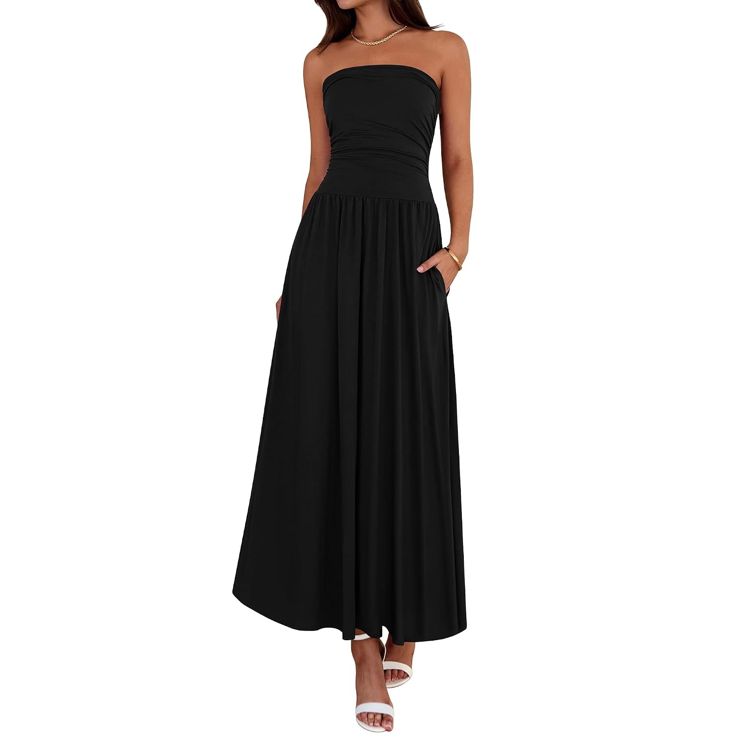 Casual Strapless Ruched Maxi Dress With Pockets For Women