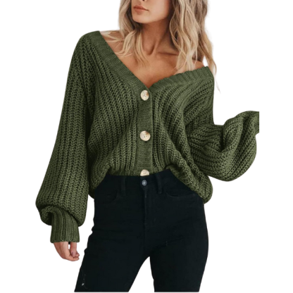 Women's Chunky Knit Open Front Sweater Long Sleeve Button Loose Short Cardigan Outerwear Coats