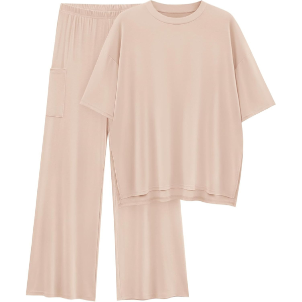 2 Piece Summer Lounge Set With Short Sleeve Top And Pants For Women