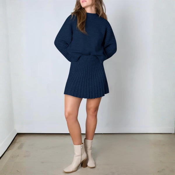 2 Piece Ribbed Knit Puff Sleeve Sweater Top And Mini Skirt Outfit Set