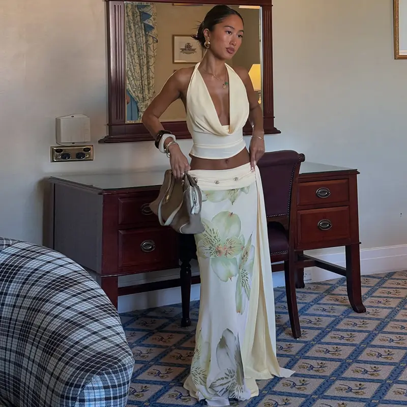 Floral Printed Tank Top And Long Skirt Set For Women
