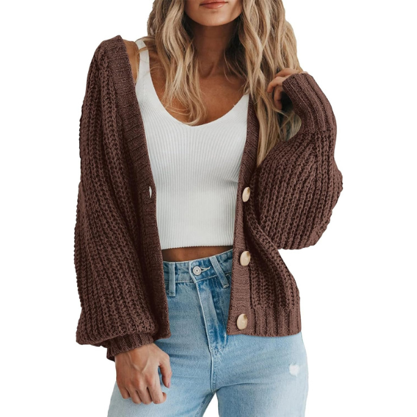 Women's Chunky Knit Open Front Sweater Long Sleeve Button Loose Short Cardigan Outerwear Coats