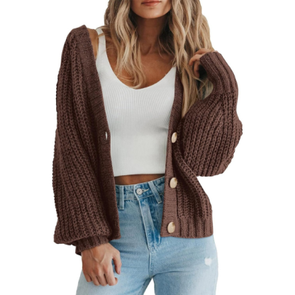 Women's Chunky Knit Open Front Sweater Long Sleeve Button Loose Short Cardigan Outerwear Coats