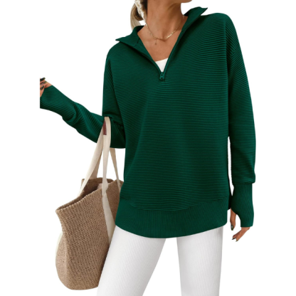Womens Long Sleeve Quarter Zip Pullover Sweater Casual Loose V Neck Collared Ribbed Knit Jumper Tops Thumb Hole
