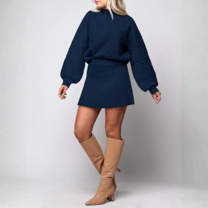 2 Piece Ribbed Knit Puff Sleeve Sweater Top And Mini Skirt Outfit Set