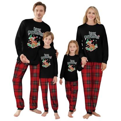 Reindeer Sleigh Merry Christmas Printed Family Matching Plaid Pajama Set