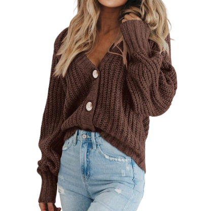 Women's Chunky Knit Open Front Sweater Long Sleeve Button Loose Short Cardigan Outerwear Coats