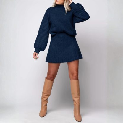 2 Piece Ribbed Knit Puff Sleeve Sweater Top And Mini Skirt Outfit Set