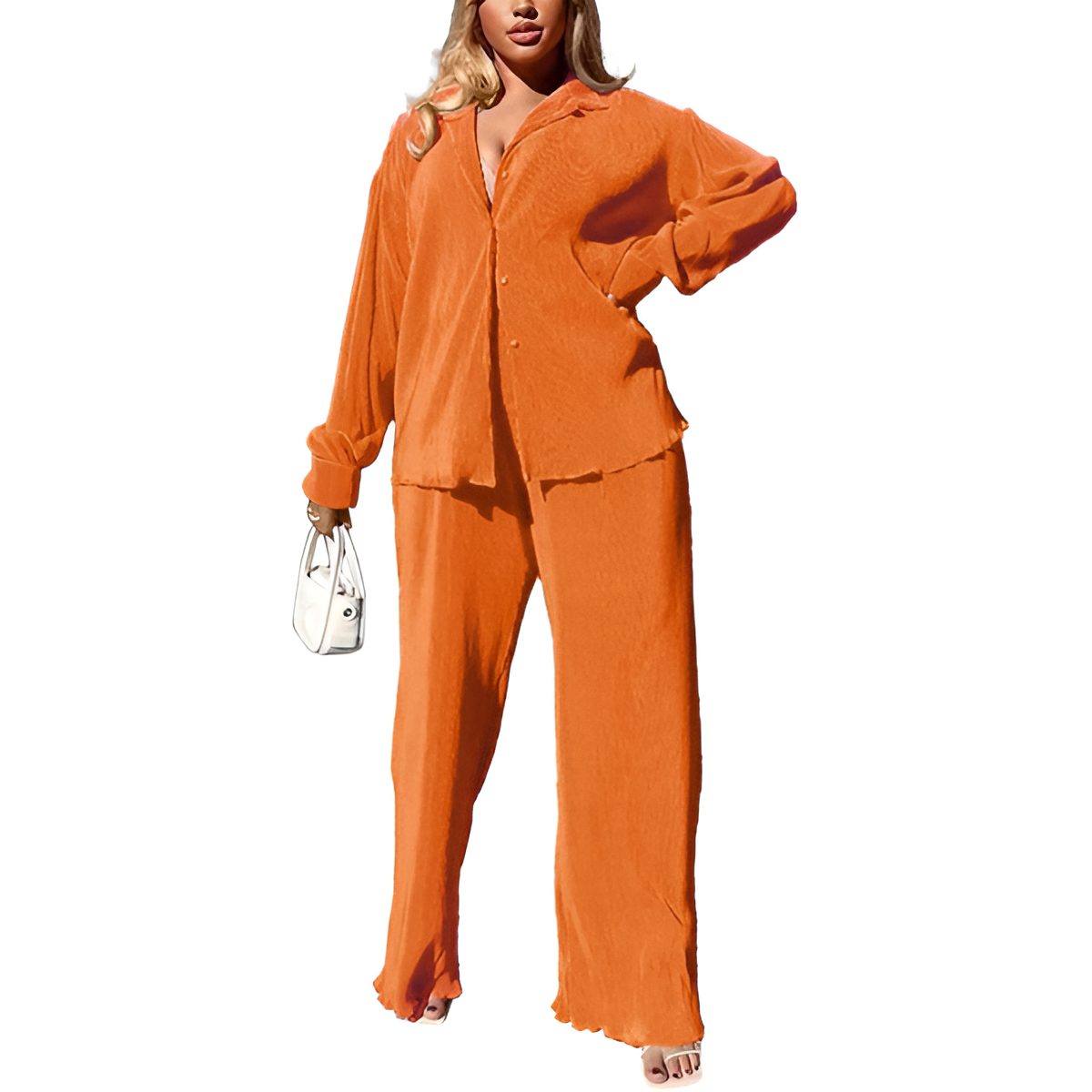 2 Piece Button Down Shirt And Pleated Pants Set For Women