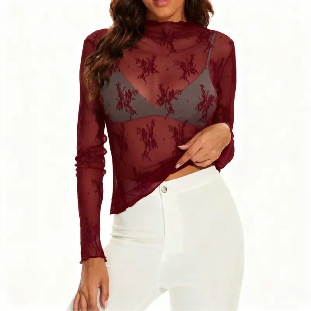 Floral Lace Mesh Top With Long Sleeves And Sheer Layering Design For Women