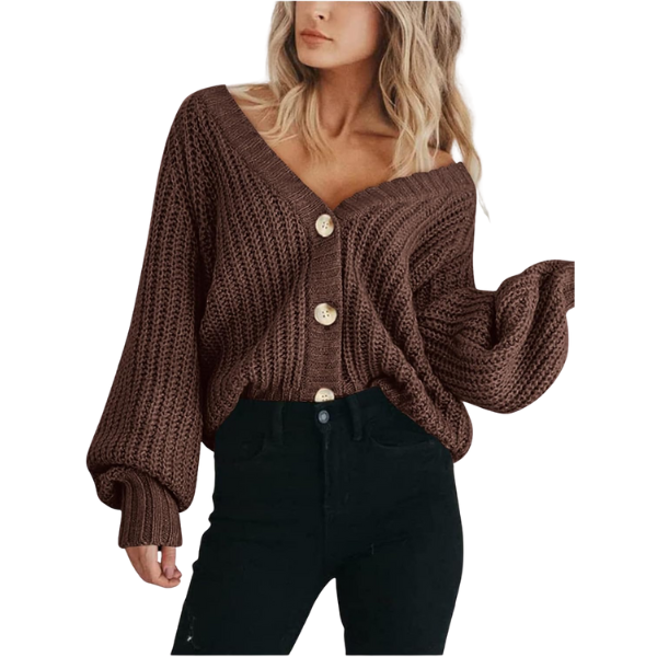 Women's Chunky Knit Open Front Sweater Long Sleeve Button Loose Short Cardigan Outerwear Coats