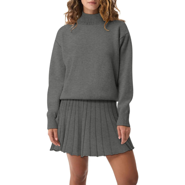 Women's Two Piece Outfits Turtleneck Long Sleeve Ribbed Knit Tops Pleated Mini Skirt 2026 Casual Sweater Sets