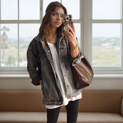 Women’s Oversized Mid Long Denim Jacket Casual Jean Biker Coat