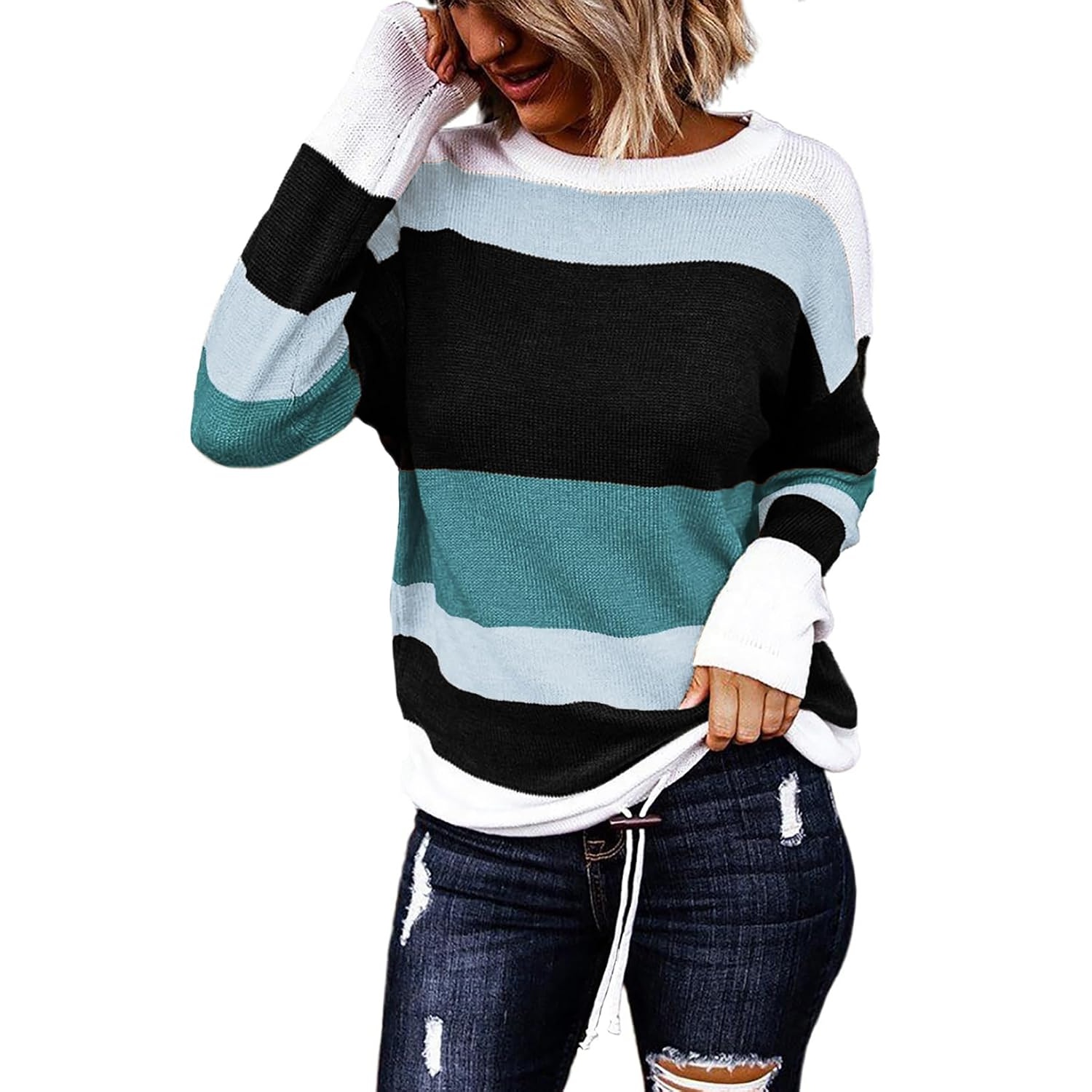 Striped Winter Fashion Outfits Sweaters With Drawstring For Women