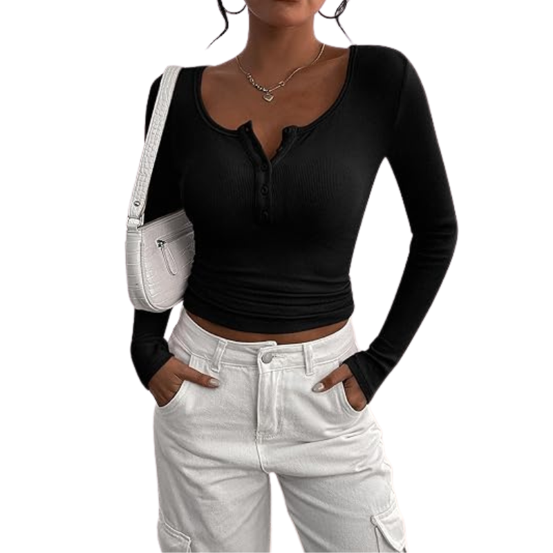 Women’s Long Sleeve Button Ribbed Knit Top | Slim Fit Basic Casual Blouse.