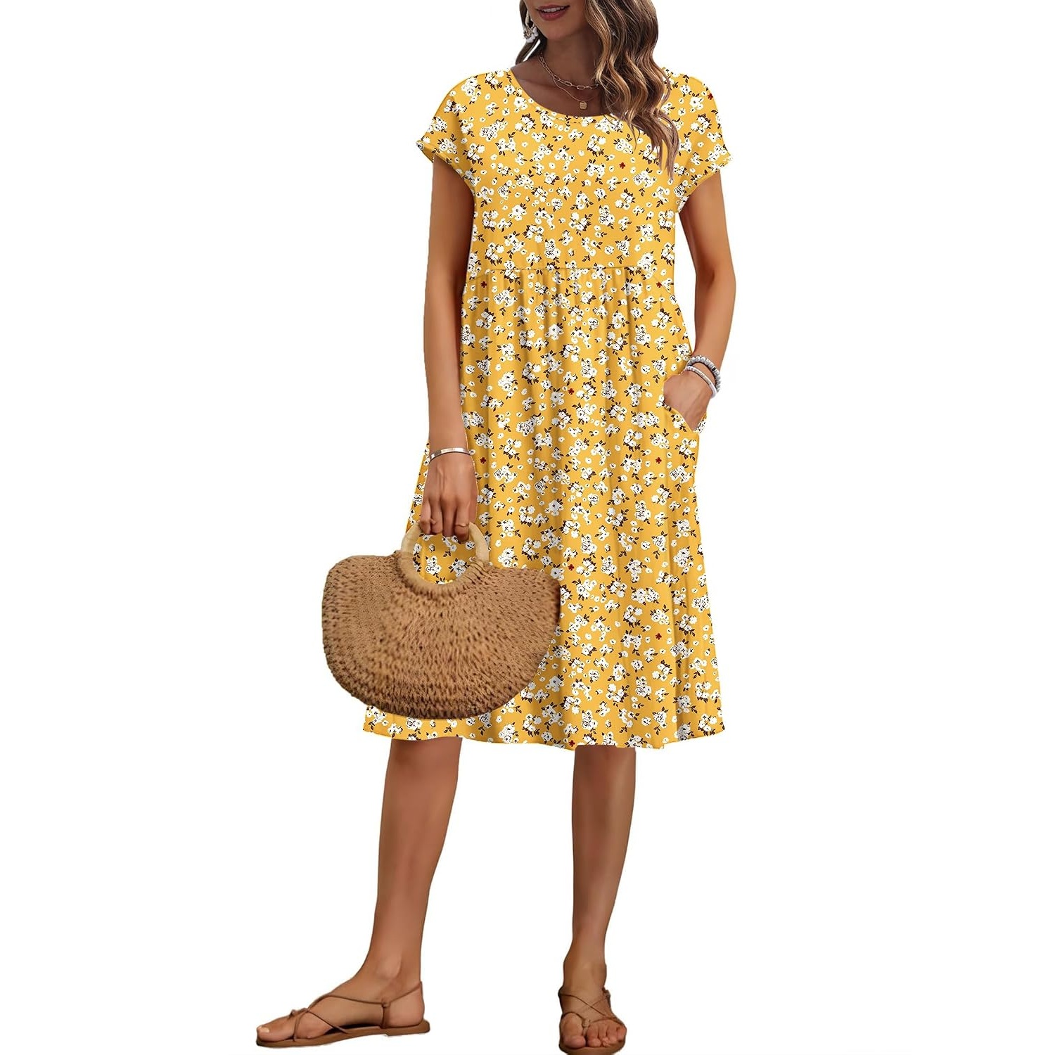 Cap Sleeve A Line Dress with Pockets for Women