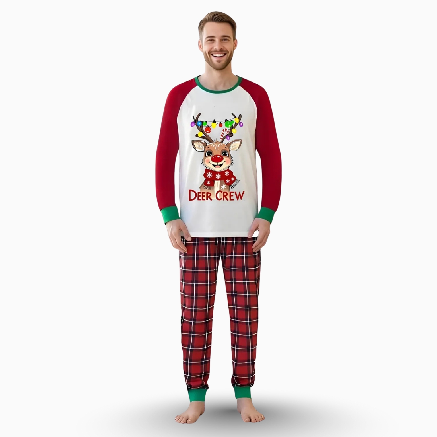 Deer Crew Reindeer Light Printed Plaid Family Matching Christmas Pajama Set