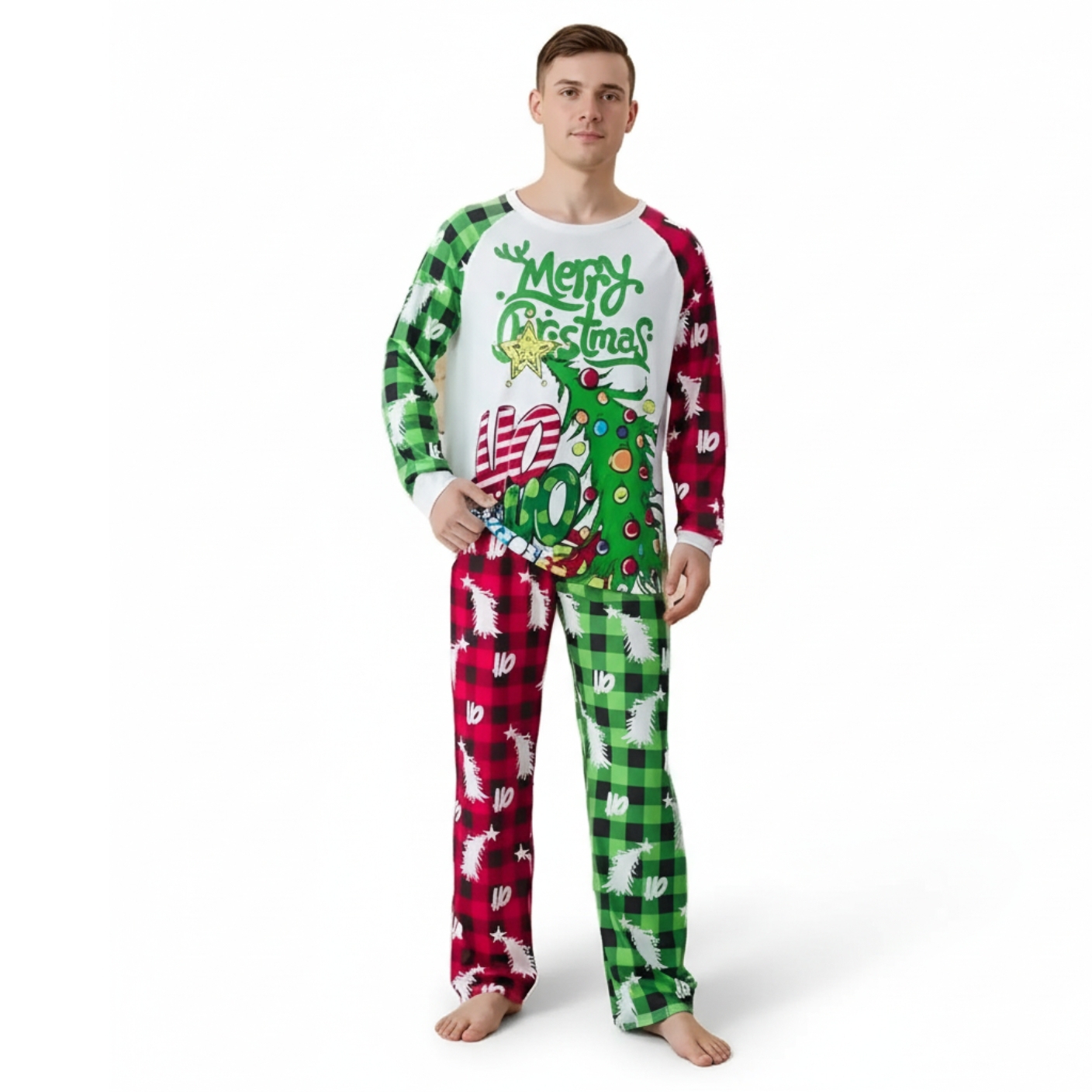 Christmas Tree Merry Christmas Printed Family Matching Plaid Pajama Set