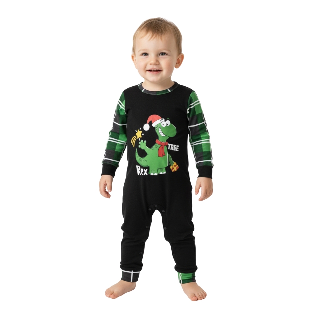 Dinosaur Rex Tree Printed Plaid Family Matching Christmas Pajama Set
