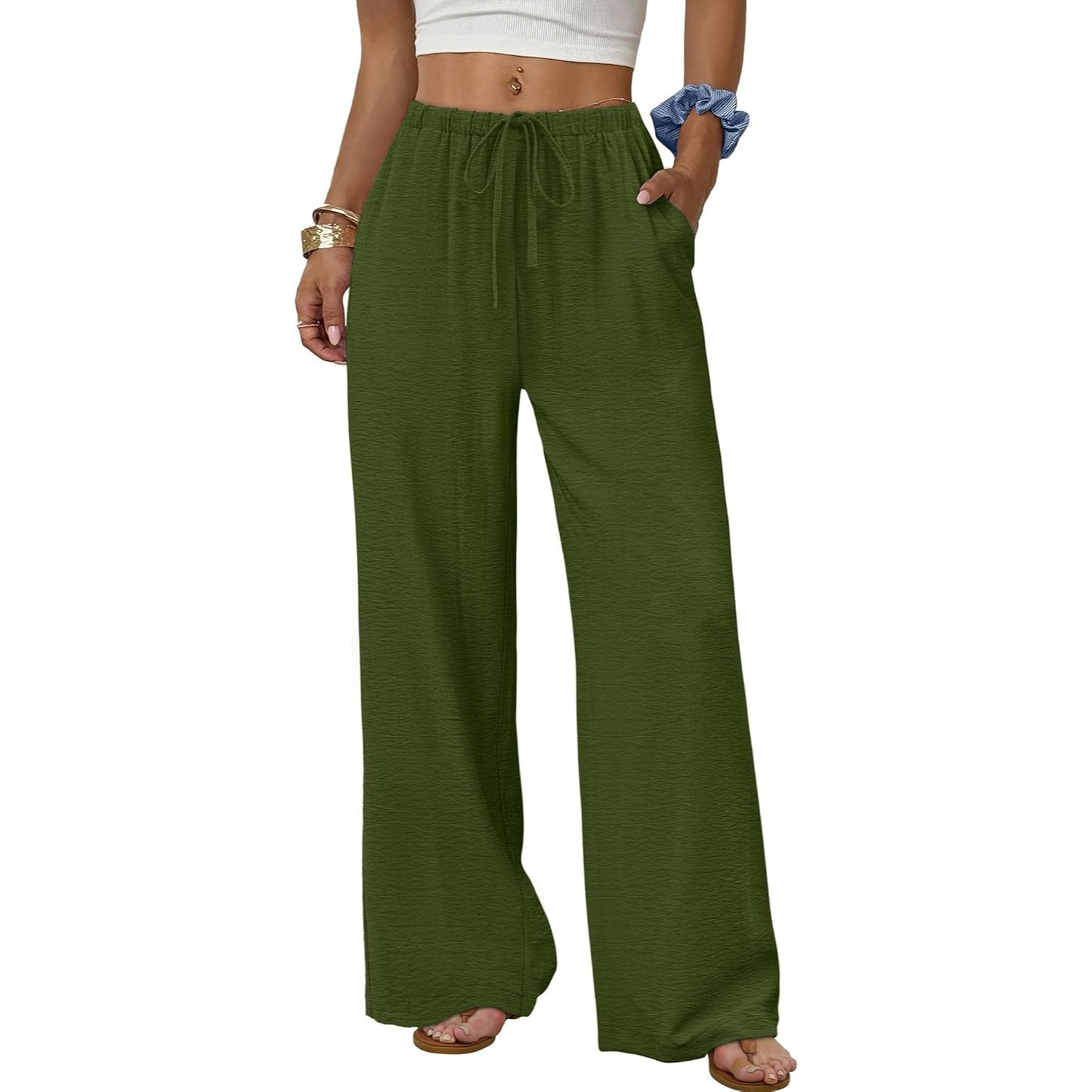 Wide Pants for Women Flowy Palazzo Drawstring Elastic Trousers with Pockets Summer Beach Vacation Clothes