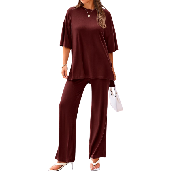 2 Piece Summer Lounge Set With Short Sleeve Top And Pants For Women