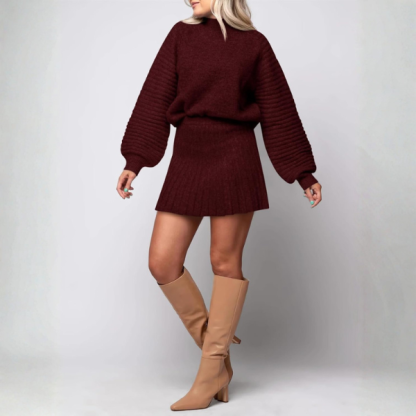 2 Piece Ribbed Knit Puff Sleeve Sweater Top And Mini Skirt Outfit Set