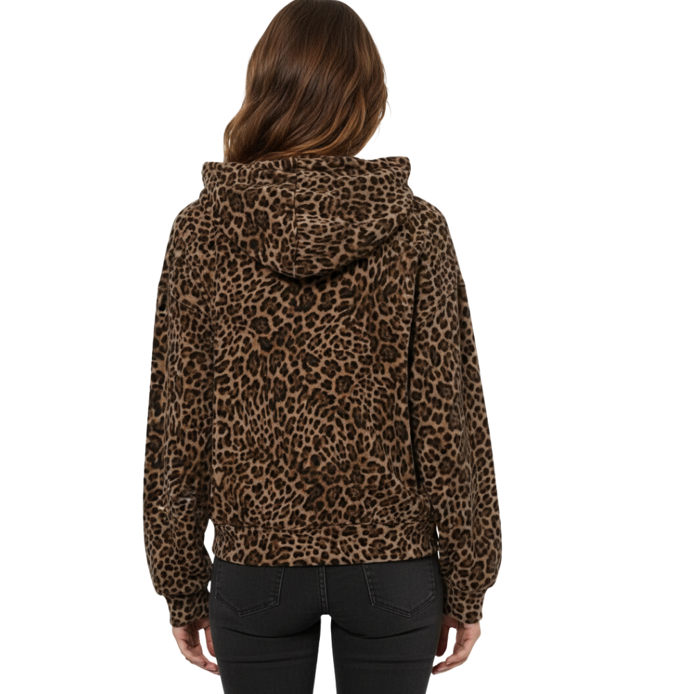 Leopard Print Fleece Hoodie With Embroidered Text