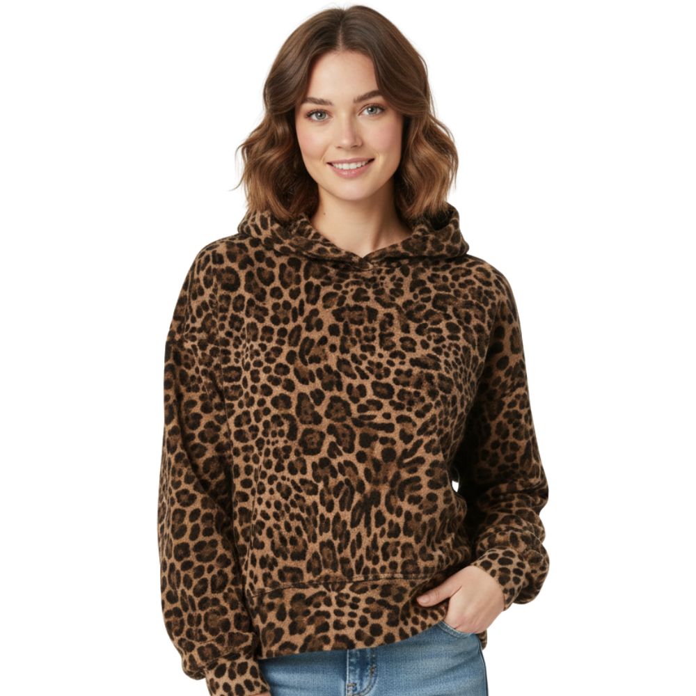 Leopard Print Fleece Hoodie With Embroidered Text