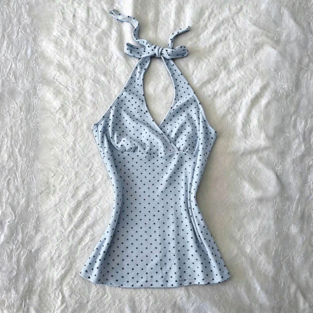 Polka Dot Digital Print Halter Neck Tie Back Tank Tops