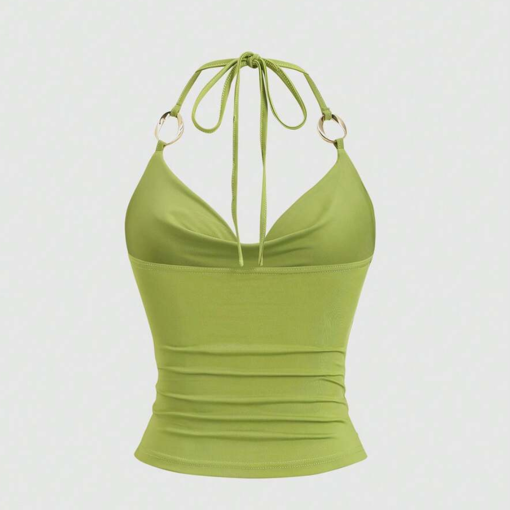 Ring Decor Draped Neck Tie Strap Tank Top