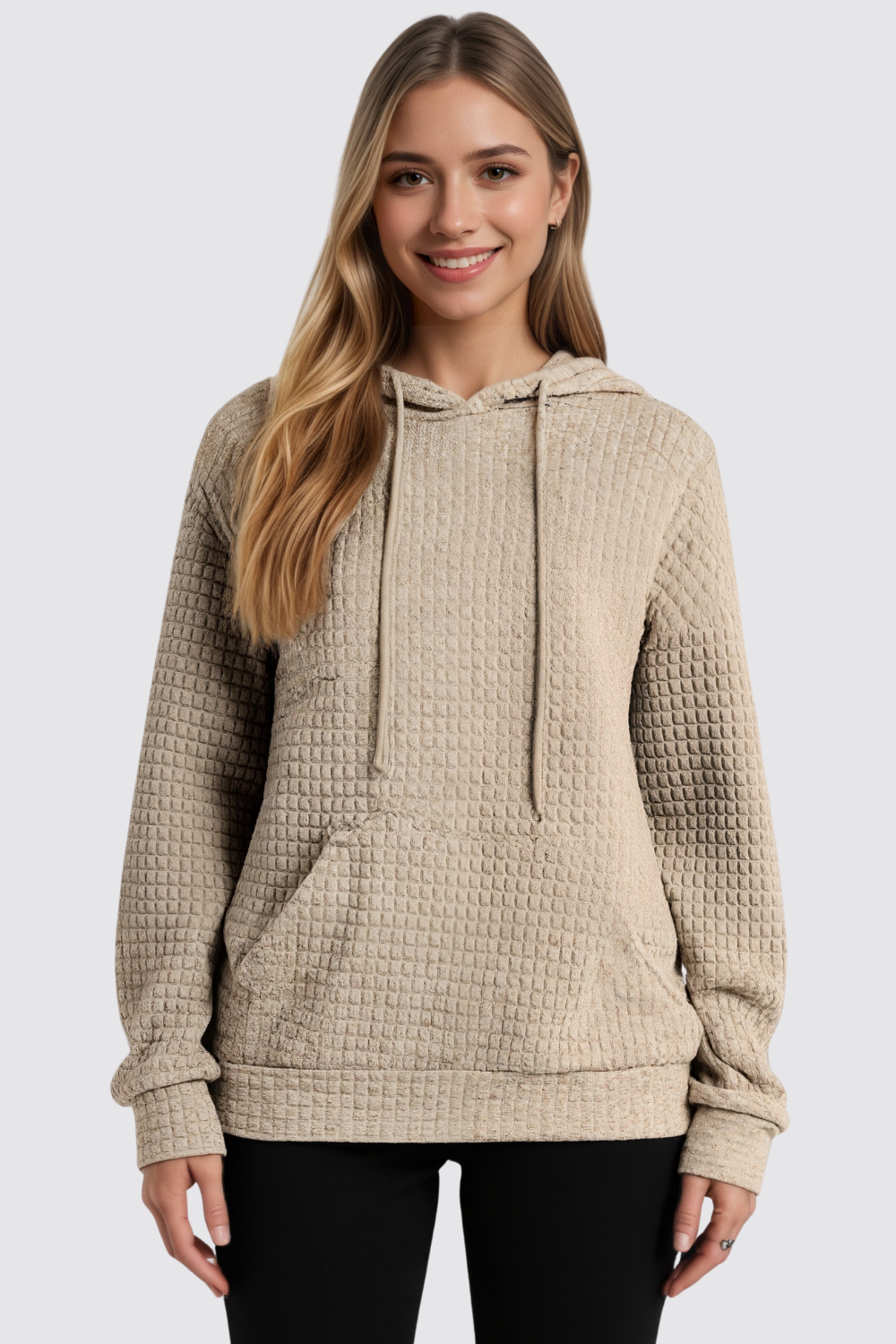 Casual Long Sleeve Drawstring Waffle Pullover Hoodie