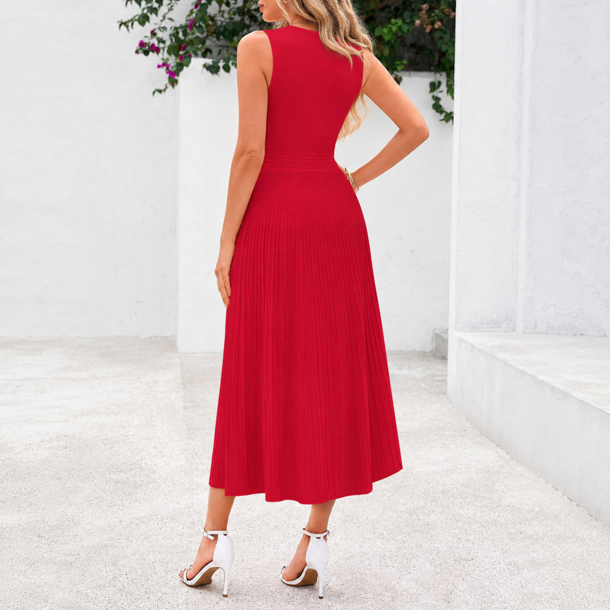 Casual Sleeveless Midi Dress With Pleated Design For Women