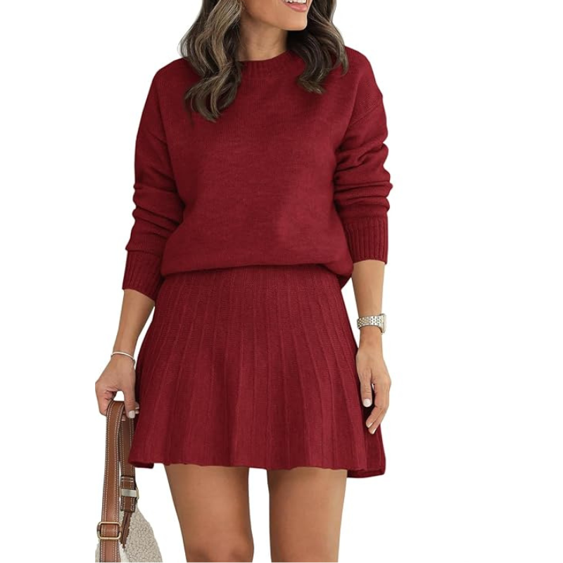 Womens Skirt 2 Piece Sweater Set Long Sleeve Crewneck Sweaters Pleated Mini Skirt Knit Lounge Sets