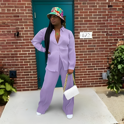 2 Piece Button Down Shirt And Pleated Pants Set For Women