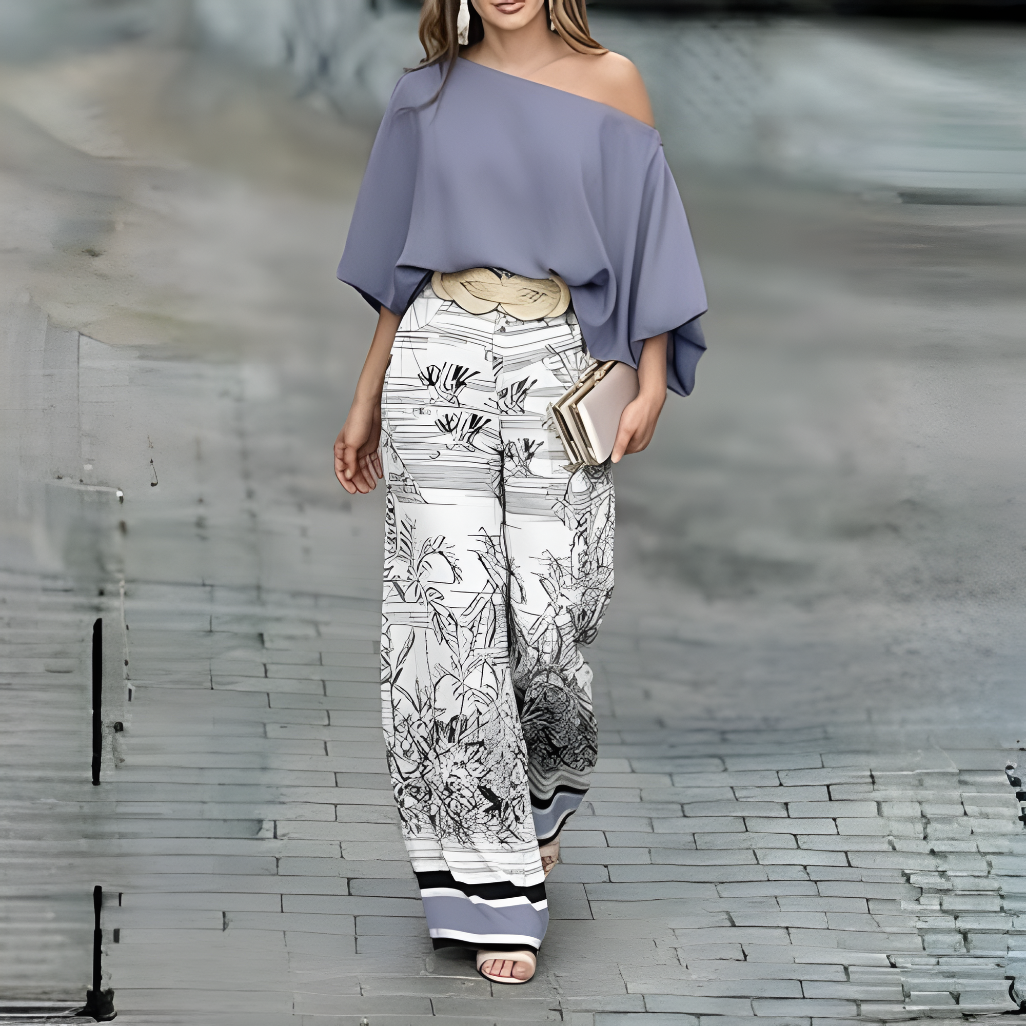 Two Piece Set With Flowy Pants And Top For Women With lantern Sleeve