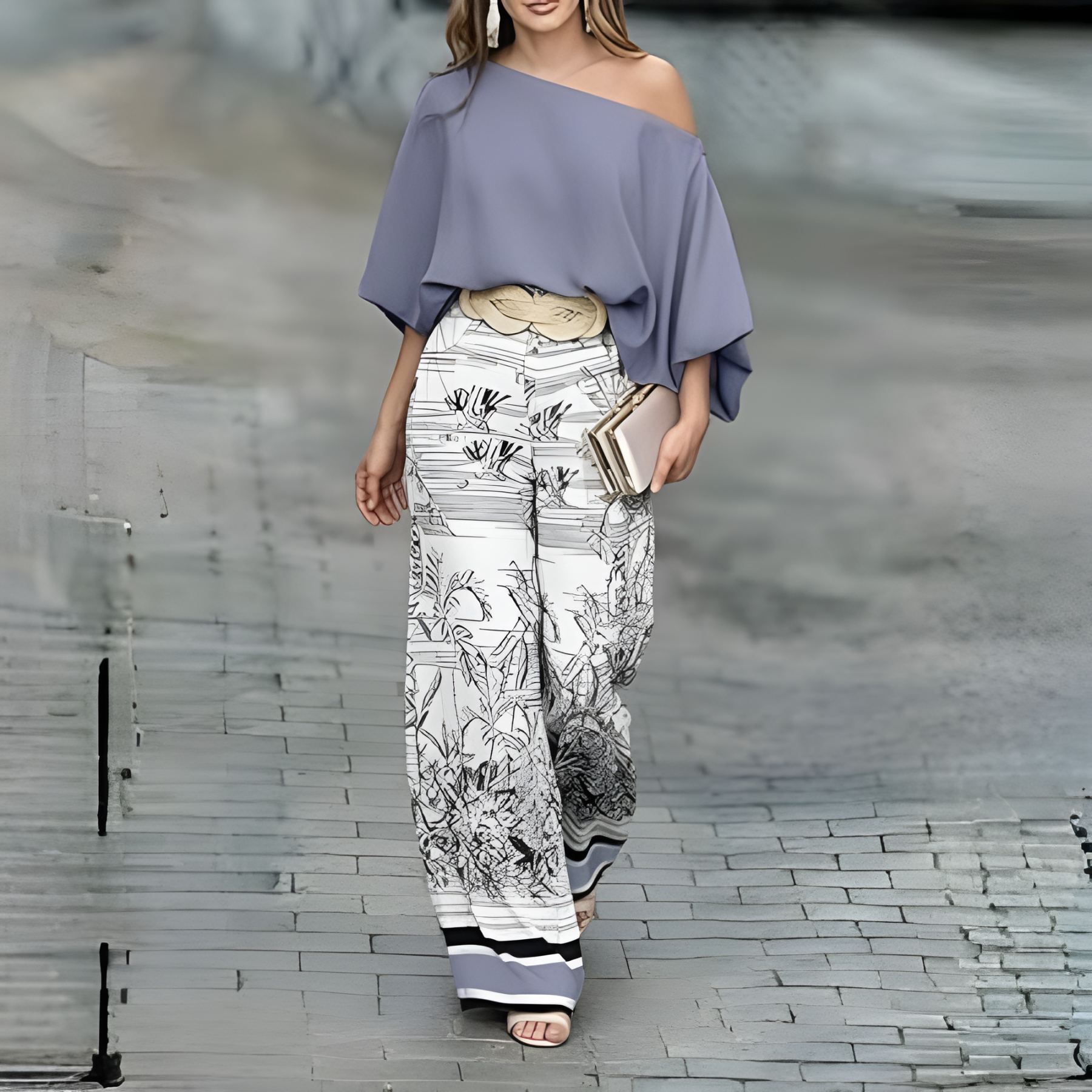 Two Piece Set With Flowy Pants And Top For Women With lantern Sleeve