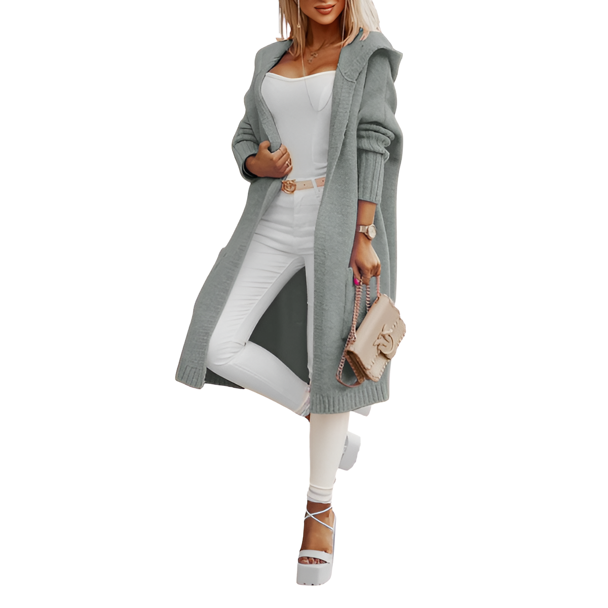 Long Knitted Hooded Cardigan With Open Front  For Women