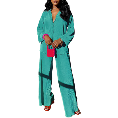 2 Piece Button Down Shirt And Pleated Pants Set For Women