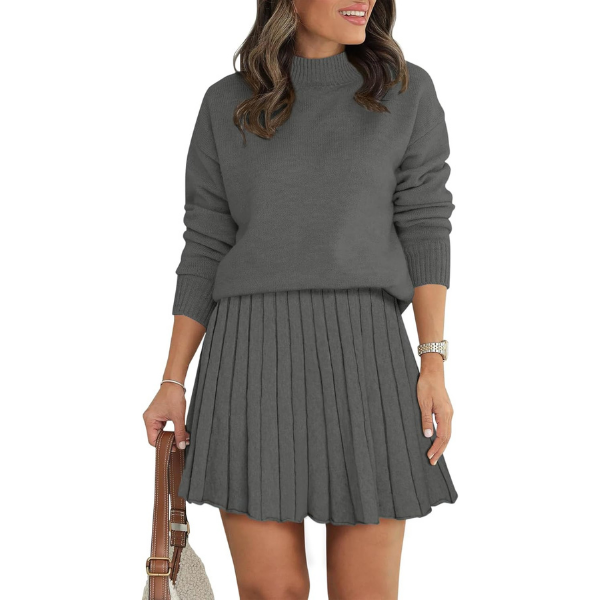 Women's Two Piece Outfits Turtleneck Long Sleeve Ribbed Knit Tops Pleated Mini Skirt 2026 Casual Sweater Sets