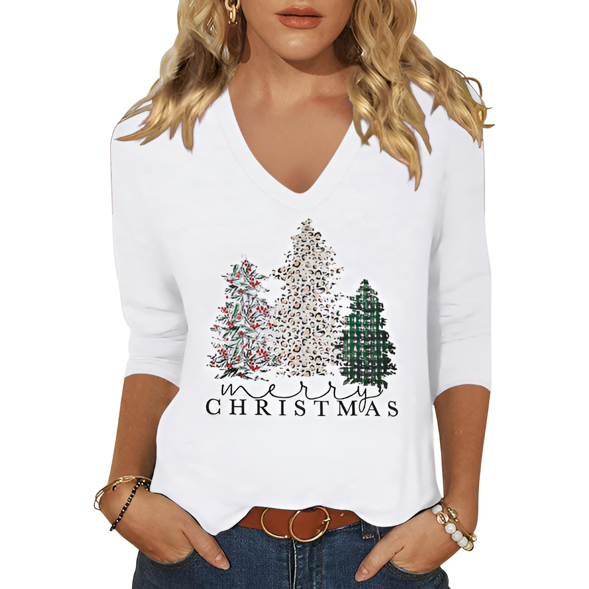 Christmas Graphic T Shirt With Three By Forth Sleeves For Women