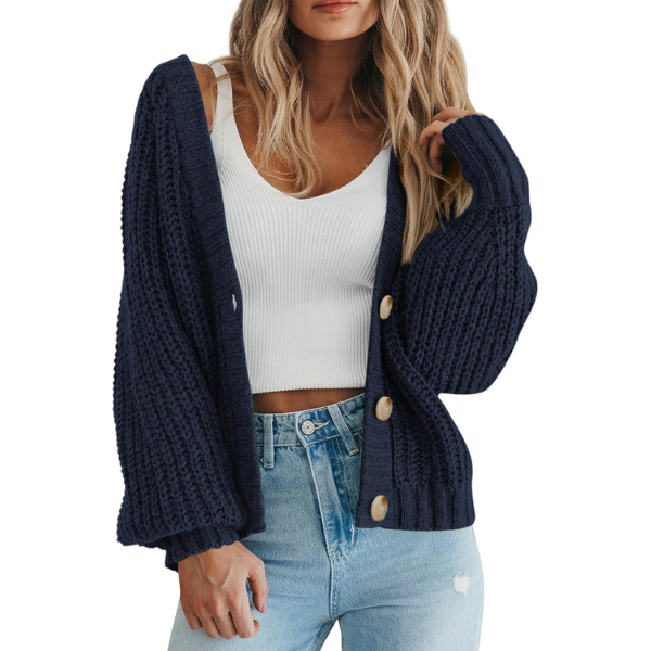 Women's Chunky Knit Open Front Sweater Long Sleeve Button Loose Short Cardigan Outerwear Coats