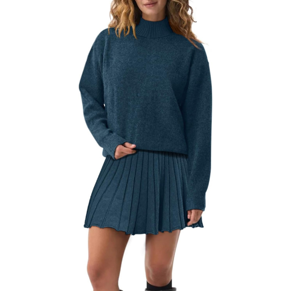 Women's Two Piece Outfits Turtleneck Long Sleeve Ribbed Knit Tops Pleated Mini Skirt 2026 Casual Sweater Sets