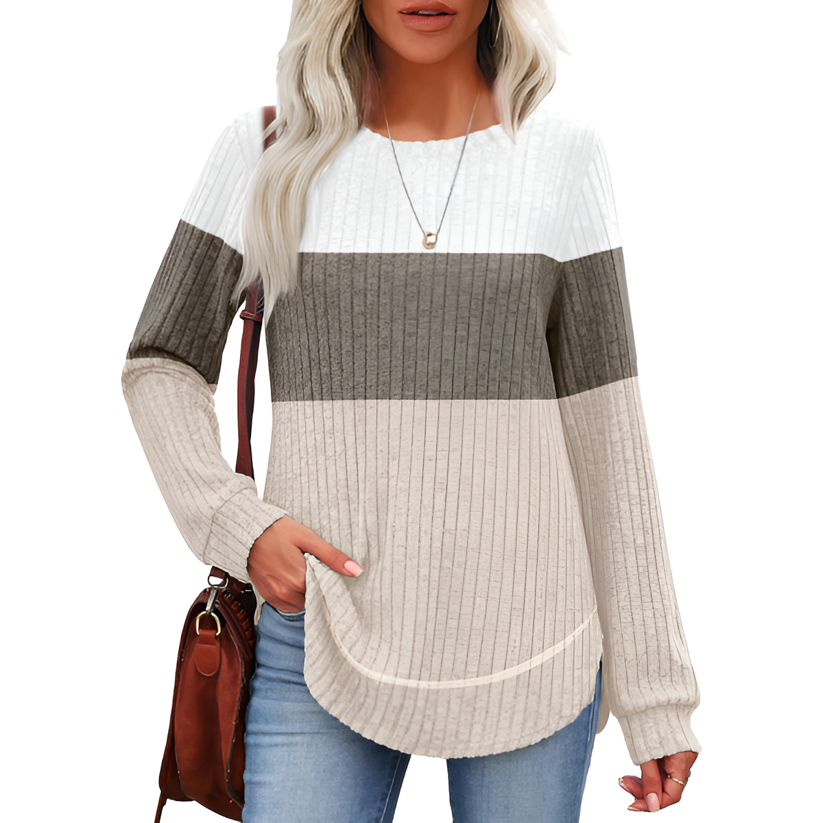 Tunic Tops for Women Loose Fit Dressy Long Sleeve Shirts Womens Sweaters Crew Neck Fall Clothing with Curved Hem